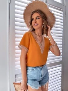 Breezaya Contrast Guipure Lace Blouse - Orange - View 4