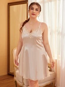 DesireSculpt Plus Contrast Lace Trim Cami Nightdress - Apricot - View 3