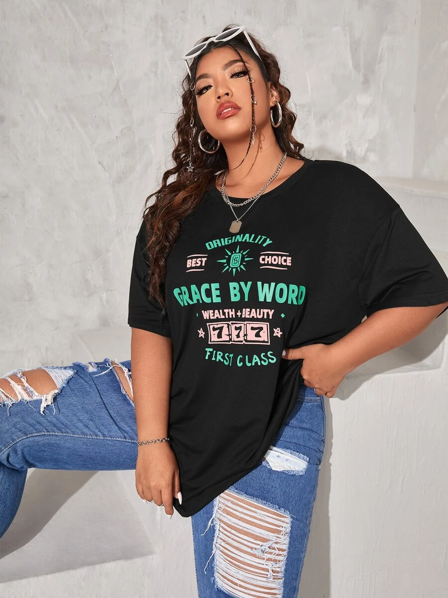 Camiseta gráfica con letras de talla grande - Negro - Ver 1