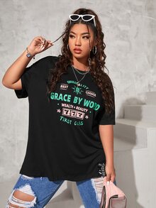 Camiseta gráfica con letras de talla grande - Negro - Ver 4