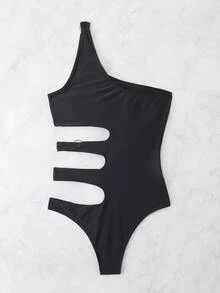 O-Ring Cut Out Asymmetrical Neck One Piece Swimsuit, For Summer Beach Vacation - Black - View 3