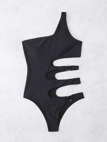 O-Ring Cut Out Asymmetrical Neck One Piece Swimsuit, For Summer Beach Vacation - Black - View 4