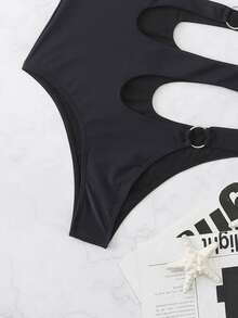 O-Ring Cut Out Asymmetrical Neck One Piece Swimsuit, For Summer Beach Vacation - Black - View 5