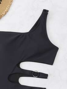 O-Ring Cut Out Asymmetrical Neck One Piece Swimsuit, For Summer Beach Vacation - Black - View 6