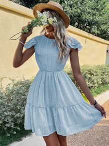 SHEIN LUNE Swiss Dot Ruffle Trim Dress - Baby Blue - View 1