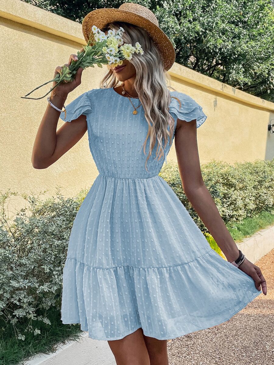 SHEIN LUNE Swiss Dot Ruffle Trim Dress - Baby Blue - View 1