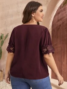 SHEIN LUNE Áo sơ mi Plus Size Tương phản ren màu trơn Thanh lịch - Màu Tím - Xem 2