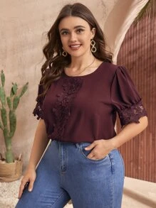 SHEIN LUNE Áo sơ mi Plus Size Tương phản ren màu trơn Thanh lịch - Màu Tím - Xem 3