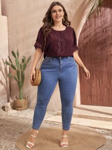 SHEIN LUNE Áo sơ mi Plus Size Tương phản ren màu trơn Thanh lịch - Màu Tím - Xem 4