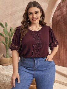 SHEIN LUNE Áo sơ mi Plus Size Tương phản ren màu trơn Thanh lịch - Màu Tím - Xem 5