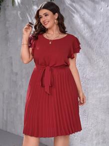 SHEIN Clasi Plus Pleated Hem Butterfly Sleeve Belted Dress - Burgundy - View 1