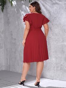 SHEIN Clasi Plus Pleated Hem Butterfly Sleeve Belted Dress - Burgundy - View 2