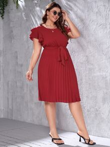 SHEIN Clasi Plus Pleated Hem Butterfly Sleeve Belted Dress - Burgundy - View 3