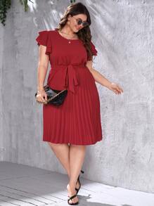 SHEIN Clasi Plus Pleated Hem Butterfly Sleeve Belted Dress - Burgundy - View 5