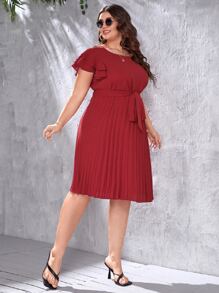 SHEIN Clasi Plus Pleated Hem Butterfly Sleeve Belted Dress - Burgundy - View 6