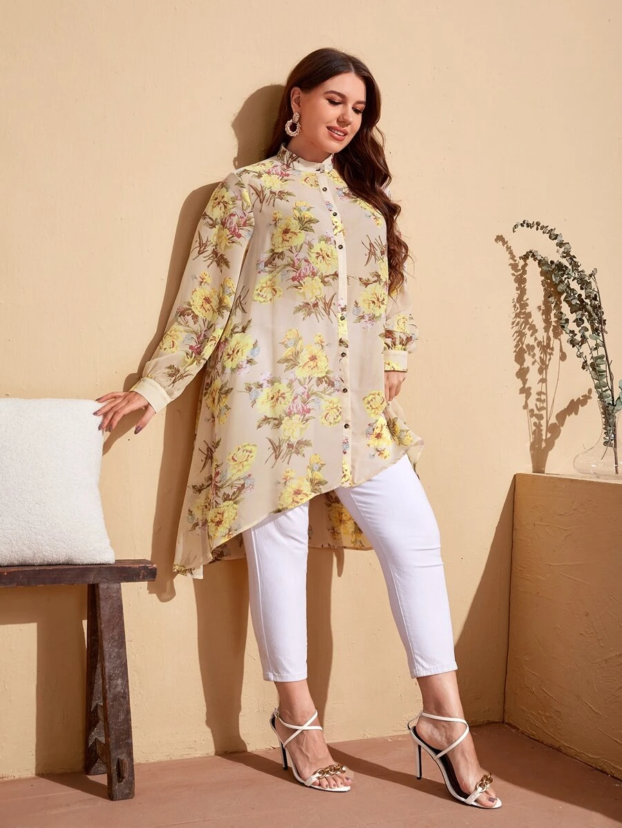 SHEIN Clasi Plus Mock Neck Floral Print High Low Blouse - Multicolor - View 1