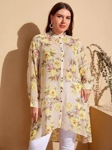 SHEIN Clasi Plus Mock Neck Floral Print High Low Blouse - Multicolor - View 5