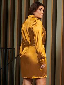 SHEIN Plus Button Front Satin Shirt Dress - Gold - View 2