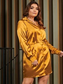 SHEIN Plus Button Front Satin Shirt Dress - Gold - View 5