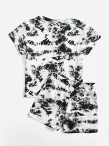 SHEIN Young Girl Figure Graphic Tie Dye Tee & Shorts - Black and White - View 2