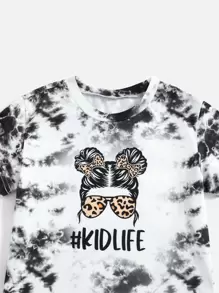 SHEIN Young Girl Figure Graphic Tie Dye Tee & Shorts - Black and White - View 3
