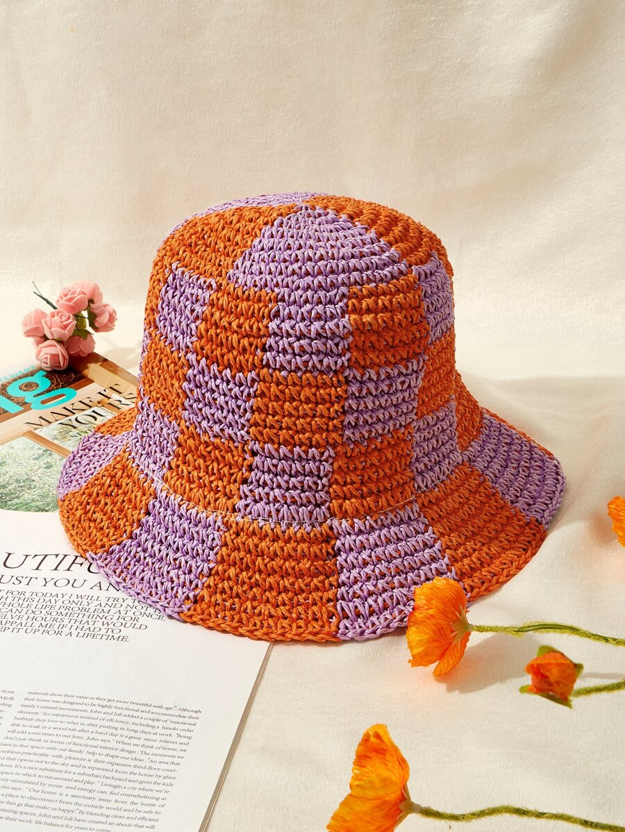 Two Tone Plaid Sun Hat - Multicolor - View 1