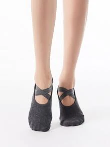 1pair Anti-Slip Round Toe Crisscross Strap Sports & Yoga Socks, Fashionable Indoor Floor Socks - Dark Grey - View 2