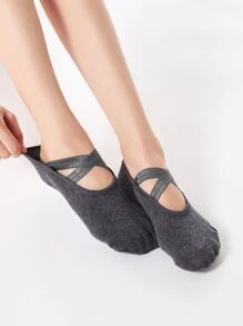1pair Anti-Slip Round Toe Crisscross Strap Sports & Yoga Socks, Fashionable Indoor Floor Socks - Dark Grey - View 3