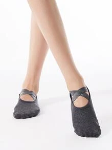 1pair Anti-Slip Round Toe Crisscross Strap Sports & Yoga Socks, Fashionable Indoor Floor Socks - Dark Grey - View 4