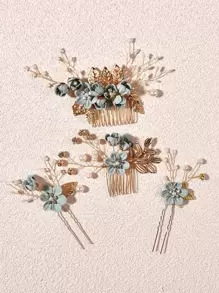 4pcs/Set Elegant Design Wedding Bridal Hair Accessories Set Hair Combs Combs For Hair Side Comb, School Stuff, Head Accessories - Green - View 2