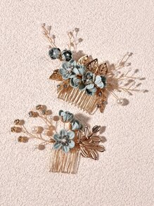 4pcs/Set Elegant Design Wedding Bridal Hair Accessories Set Hair Combs Combs For Hair Side Comb, School Stuff, Head Accessories - Green - View 4