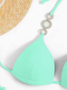 SHEIN Swim Summer Beach Rhinestone Studded Halter Push Up Bikini - Mint Green - View 4