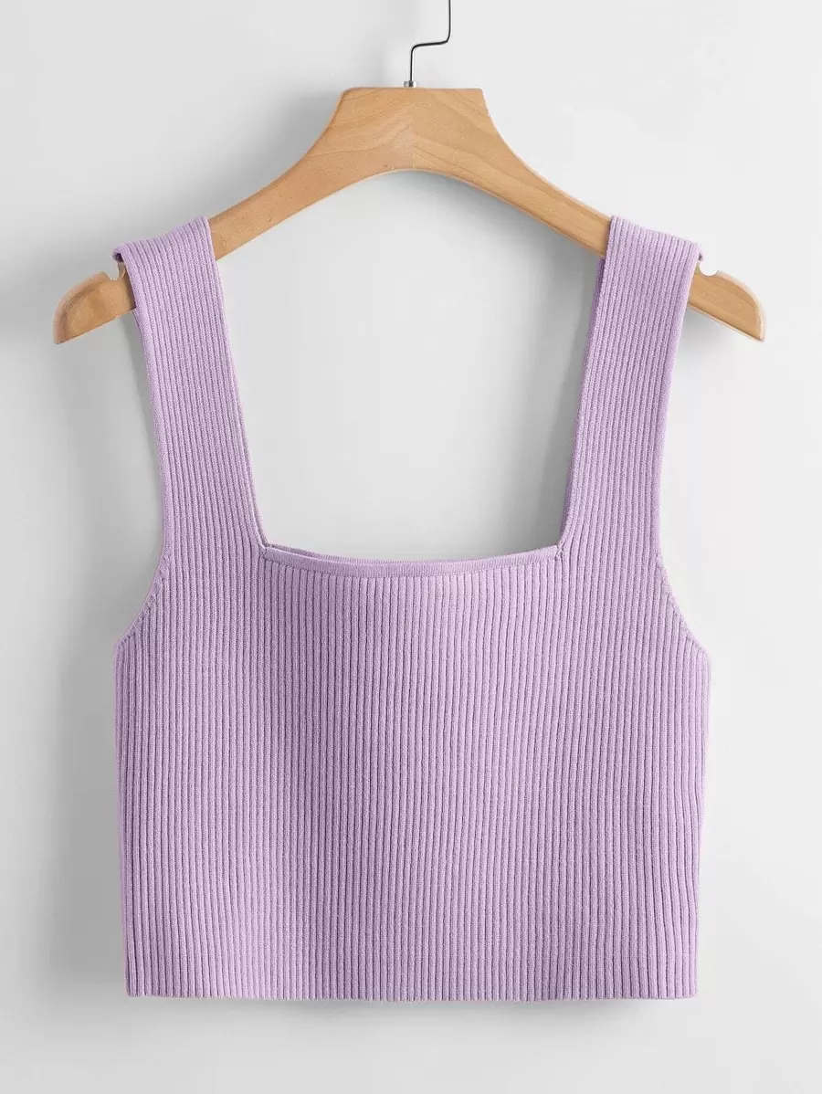 SHEIN Unity Solid Ribbed Knit Top - Lilac Purple - View 1