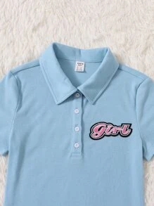 SHEIN Đầm Gái Nghề thêu Đắp vá Nút phía trước Lá thư Ăn mặc đẹp - Màu xanh nhạt - Xem 3