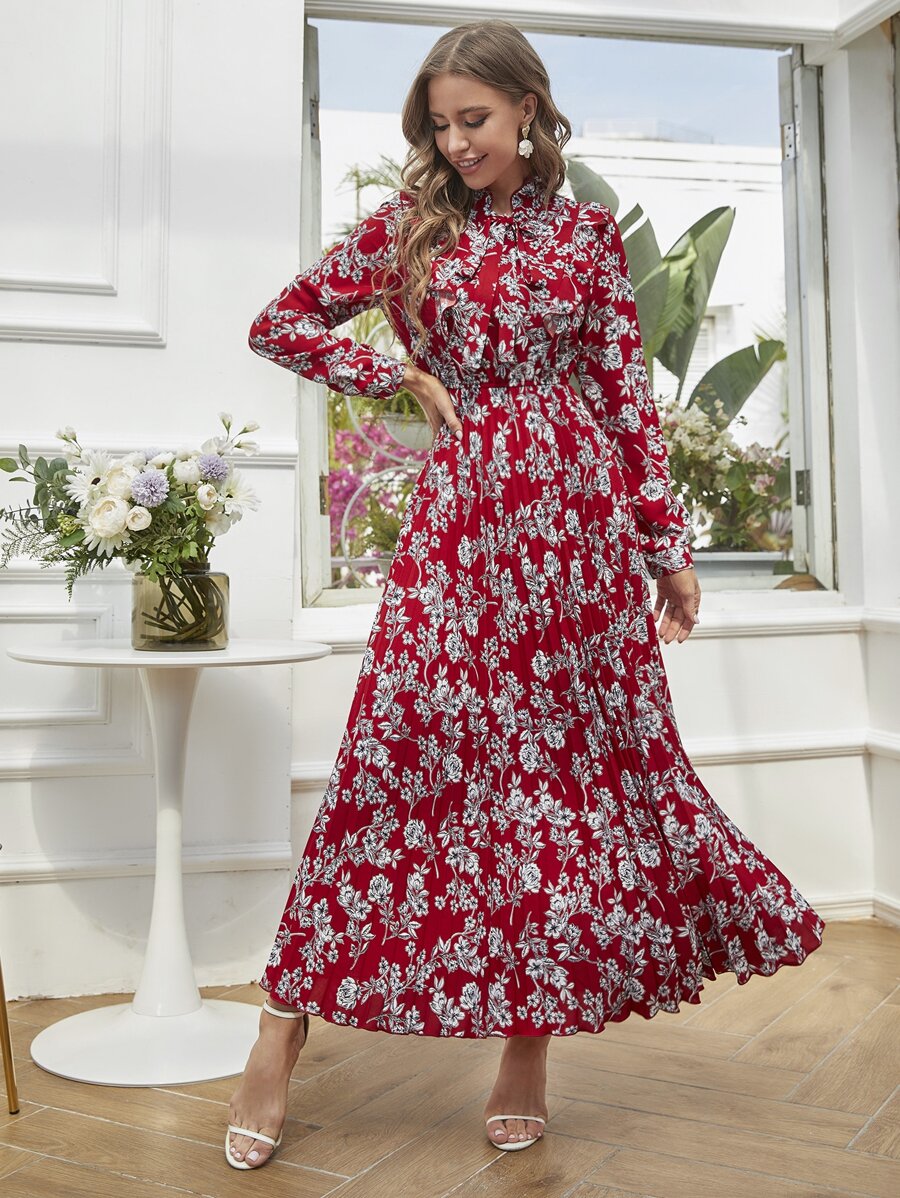 Mulvari 印花百褶下擺繫帶領連衣裙 - 彩色 - 查看 1