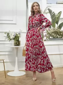 Mulvari 印花百褶下擺繫帶領連衣裙 - 彩色 - 查看 3