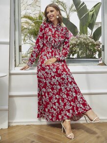 Mulvari 印花百褶下擺繫帶領連衣裙 - 彩色 - 查看 4