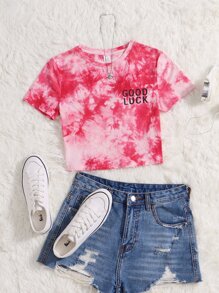 SHEIN 少女鉤織渐層字母印花圓領T卹，夏季 - 粉色 - 查看 1