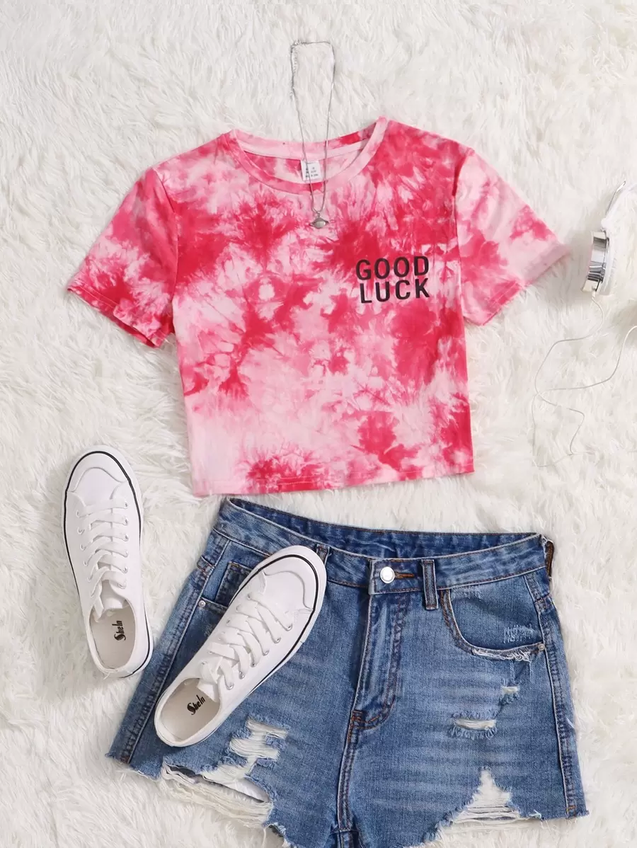 SHEIN 少女鉤織渐層字母印花圓領T卹，夏季 - 粉色 - 查看 1