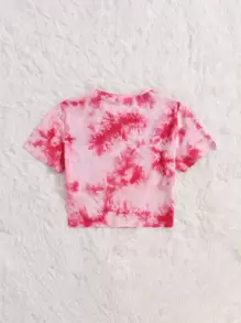 SHEIN 少女鉤織渐層字母印花圓領T卹，夏季 - 粉色 - 查看 2