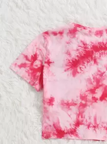 SHEIN 少女鉤織渐層字母印花圓領T卹，夏季 - 粉色 - 查看 3