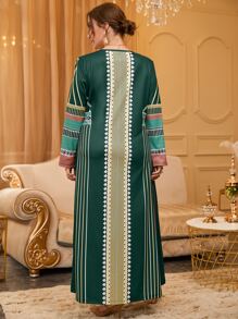 Al Najma Plus Colourful Striped & Geo Print Tee Dress - Dark Green - View 2