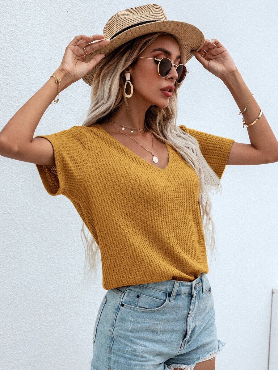 SHEIN LUNE Waffle Knit V Neck Solid Tee - Mustard Yellow - View 1