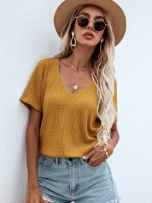 SHEIN LUNE Waffle Knit V Neck Solid Tee - Mustard Yellow - View 3