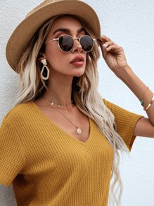 SHEIN LUNE Waffle Knit V Neck Solid Tee - Mustard Yellow - View 4