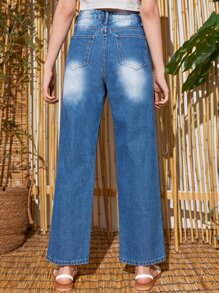 SHEIN 女孩破洞直筒牛仔褲