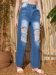 SHEIN 女孩破洞直筒牛仔褲