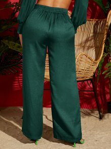 SHEIN VCAY Pantalones verdes de verano para mujer de pierna ancha con cordón a la cintura - Verde Oscuro - Ver 3