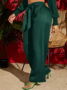 SHEIN VCAY Pantalones verdes de verano para mujer de pierna ancha con cordón a la cintura - Verde Oscuro - Ver 4