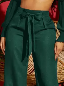SHEIN VCAY Pantalones verdes de verano para mujer de pierna ancha con cordón a la cintura - Verde Oscuro - Ver 5